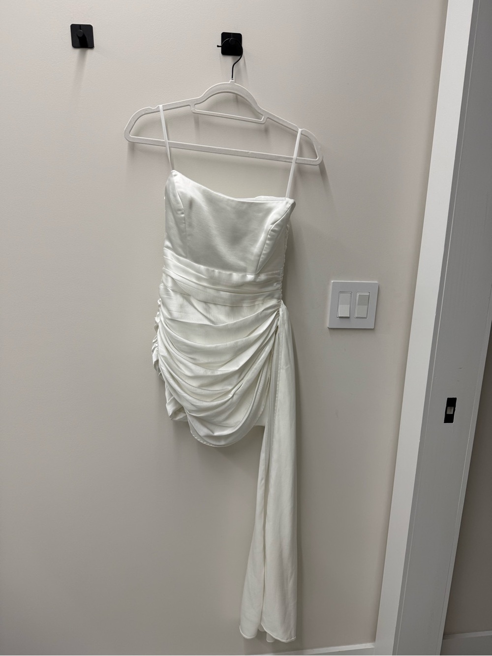White Satin Draped Mini Dress with Long Sash